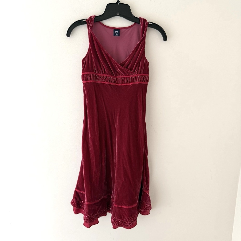 Vintage Y2K Gap Kids Velvet Dress Girls L 10 Pink Red Babydoll Sequin Party